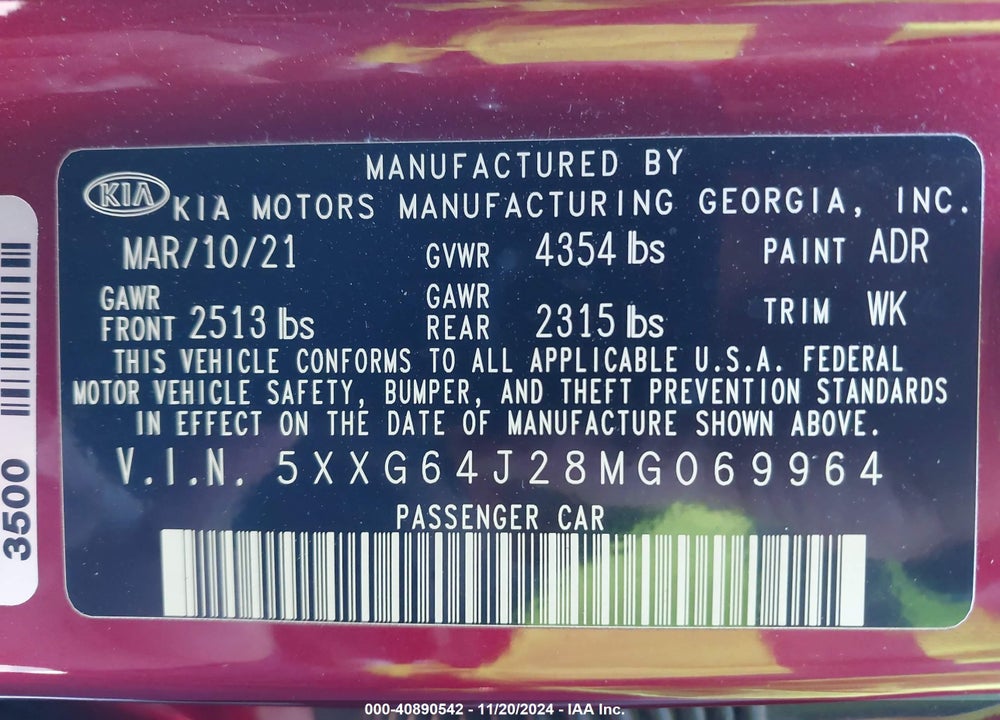 2021 KIA K5 VIN: 5XXG64J28MG069964