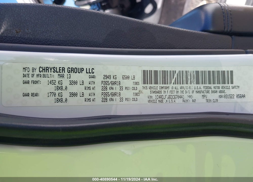 2013 DODGE DURANGO CREW VIN: 1C4RDJDG6DC670441