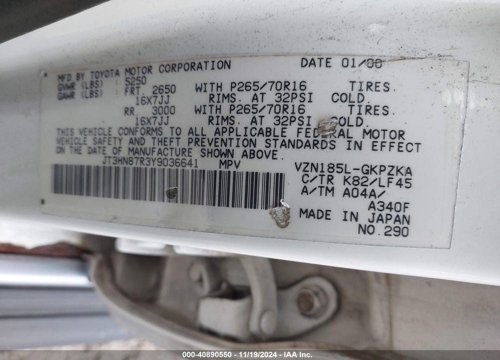 2000 TOYOTA 4RUNNER LIMITED V6 VIN: JT3HN87R3Y9036641