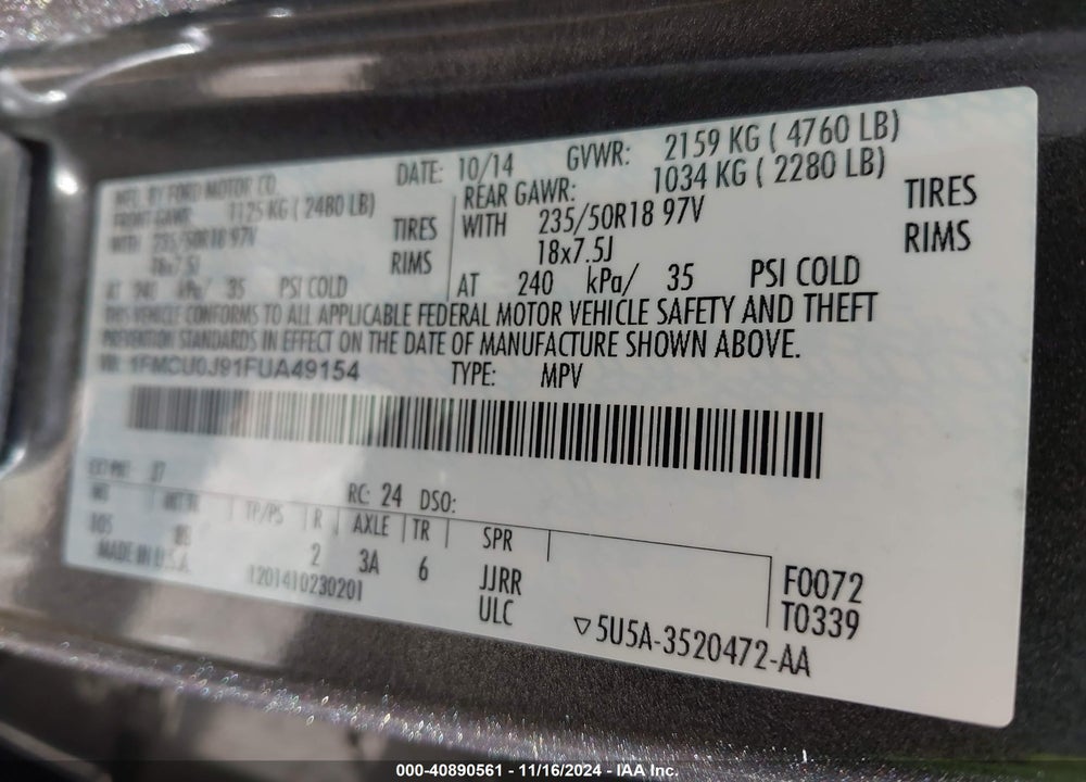 2015 FORD ESCAPE TITANIUM VIN: 1FMCU0J91FUA49154