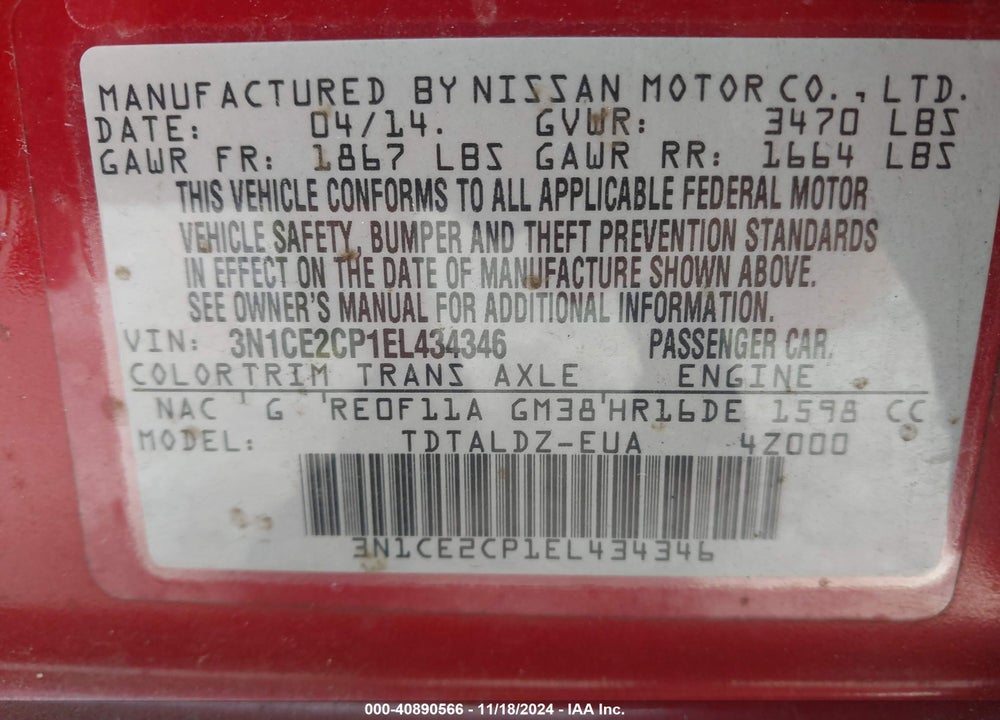 2014 NISSAN VERSA NOTE SV VIN: 3N1CE2CP1EL434346
