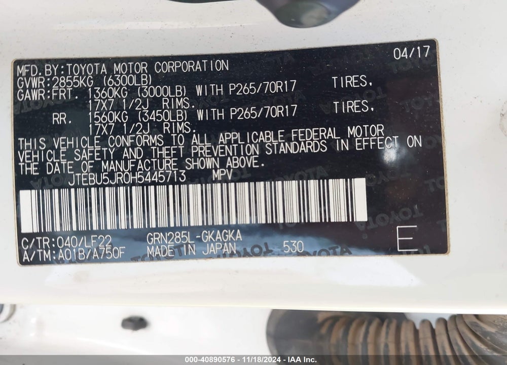 2017 TOYOTA 4RUNNER VIN: JTEBU5JR0H5445713