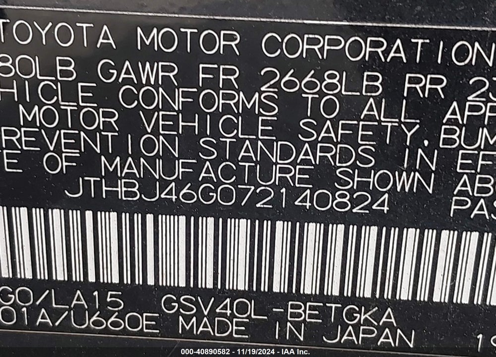 2007 LEXUS ES 350 VIN: JTHBJ46G072140824