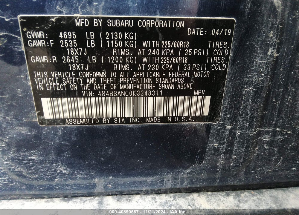 2019 SUBARU OUTBACK 2.5I LIMITED VIN: 4S4BSANC0K3348311