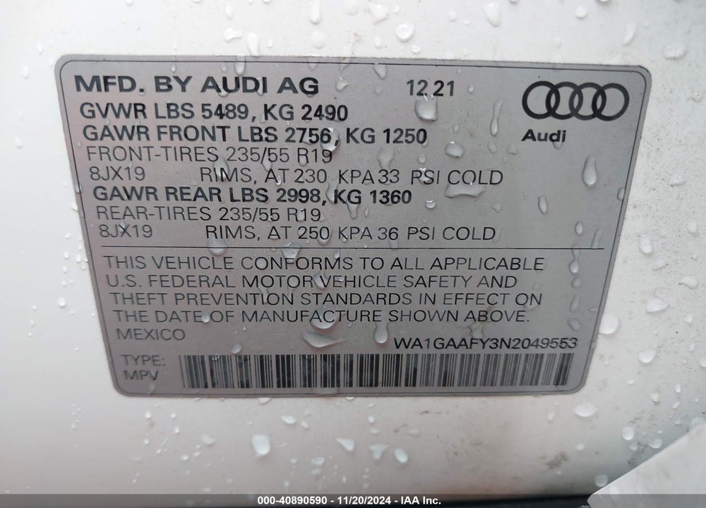 2022 AUDI Q5 PREMIUM 45 TFSI S LINE QUATTRO S TRONIC VIN: WA1GAAFY3N2049553