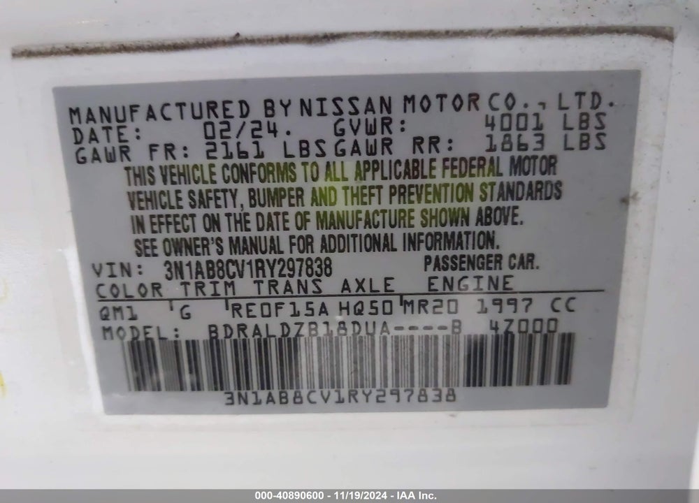2024 NISSAN SENTRA SV XTRONIC CVT VIN: 3N1AB8CV1RY297838