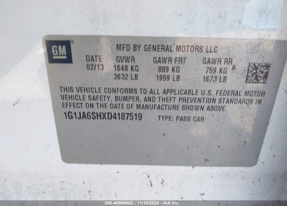 2013 CHEVROLET SONIC VIN: 1G1JA6SHXD4187519