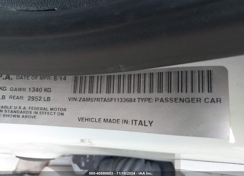 2015 MASERATI GHIBLI S Q4 VIN: ZAM57RTA5F1133684