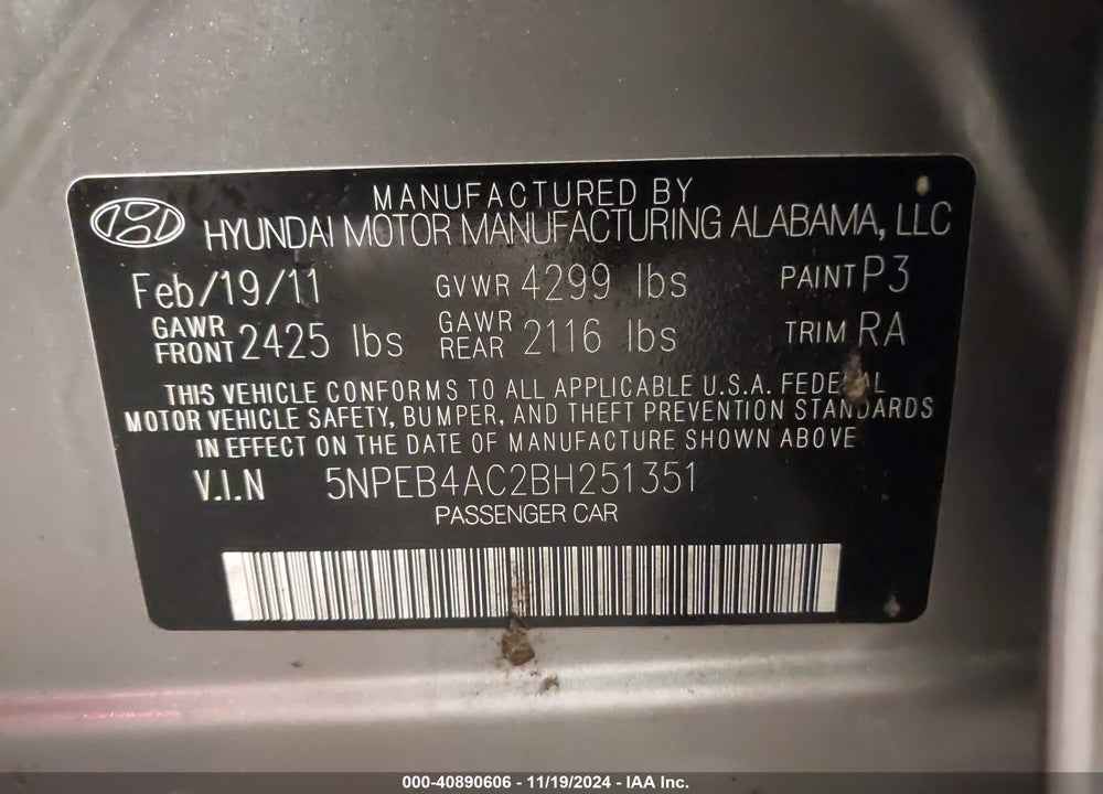 2011 HYUNDAI SONATA GLS VIN: 5NPEB4AC2BH251351