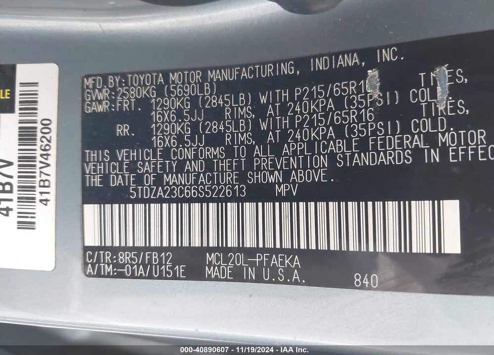 2006 TOYOTA SIENNA CE VIN: 5TDZA23C66S522613