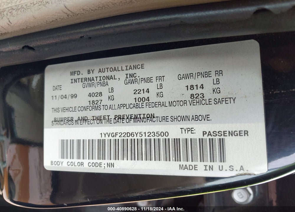 2000 MAZDA 626 ES V6/LX V6 VIN: 1YVGF22D6Y5123500