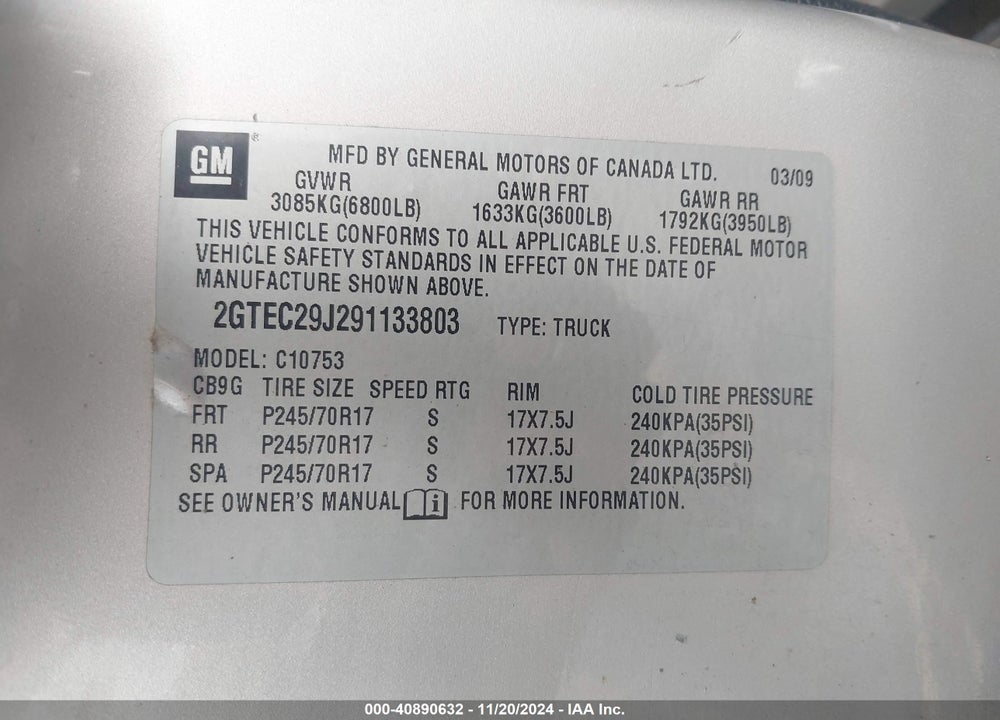 2009 GMC SIERRA 1500 SLE VIN: 2GTEC29J291133803