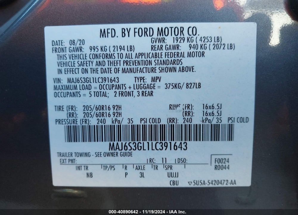 2020 FORD ECOSPORT SE VIN: MAJ6S3GL1LC391643