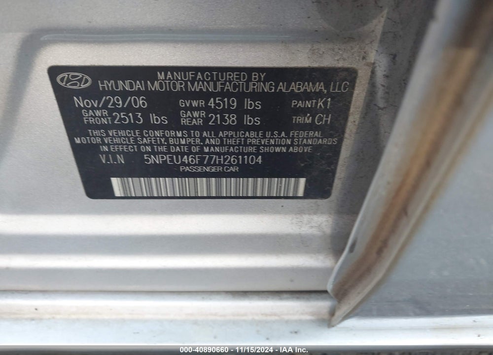2007 HYUNDAI SONATA LIMITED/SE V6 VIN: 5NPEU46F77H261104