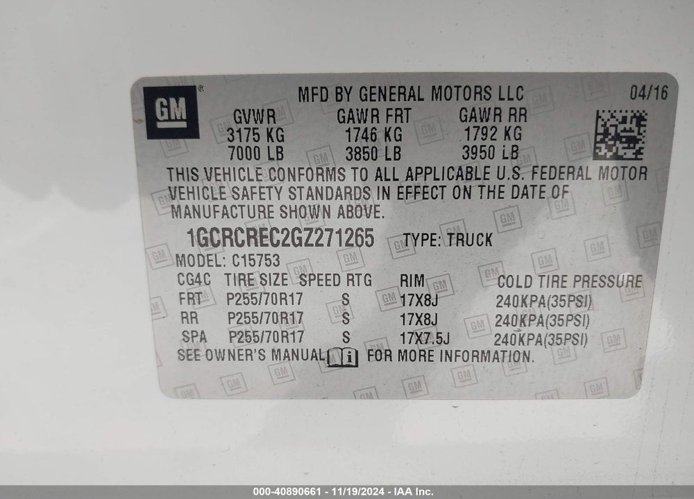 2016 CHEVROLET SILVERADO 1500 1LT VIN: 1GCRCREC2GZ271265