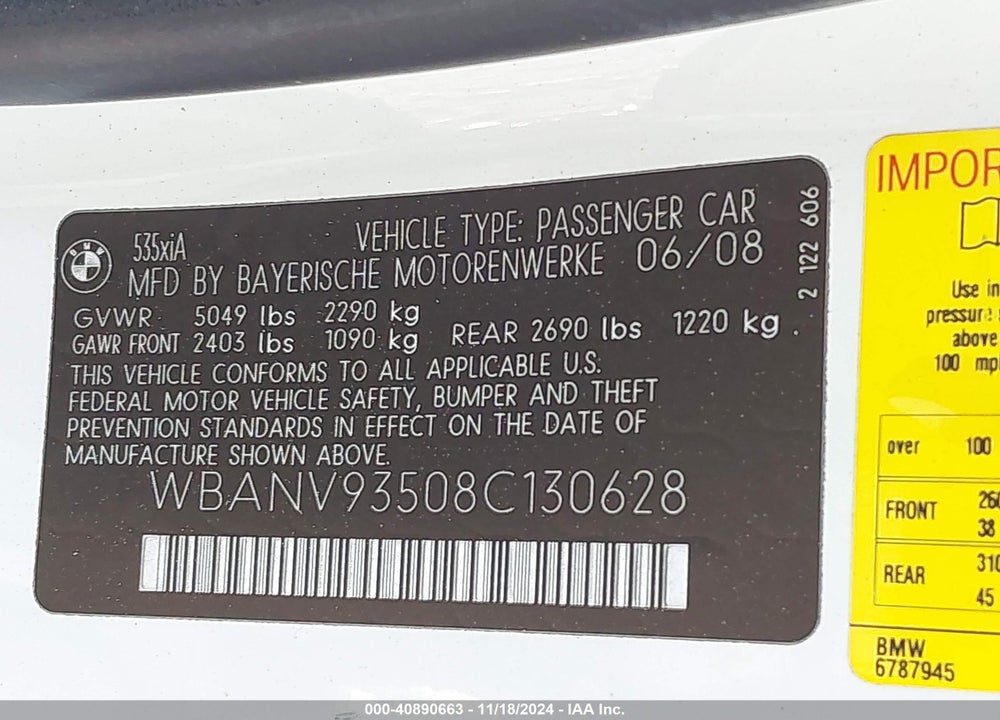 2008 BMW 535XI VIN: WBANV93508C130628