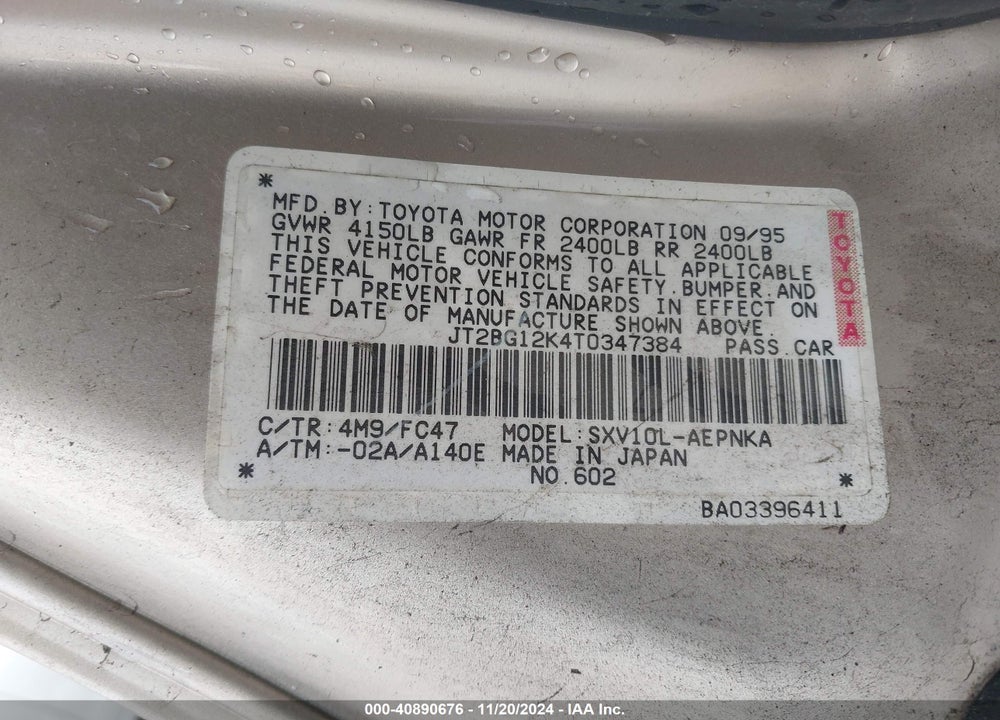 1996 TOYOTA CAMRY DX/LE/XLE VIN: JT2BG12K4T0347384