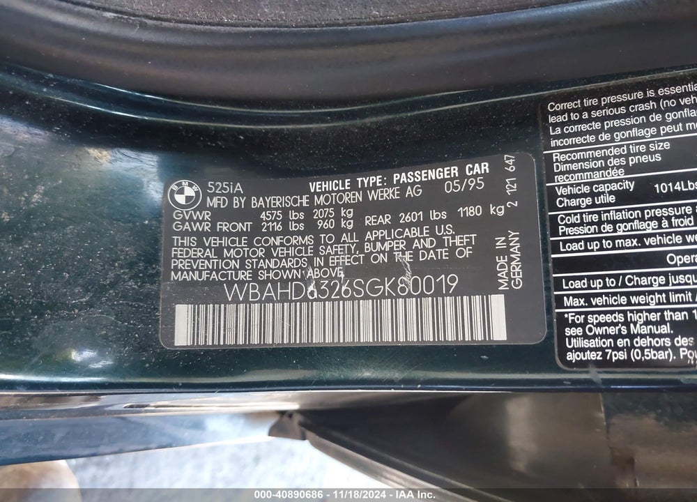 1995 BMW 525 I AUTOMATIC VIN: WBAHD6326SGK80019