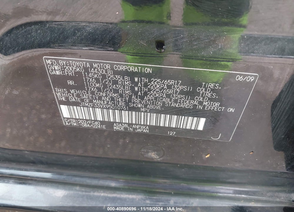 2009 TOYOTA RAV4 VIN: JTMZF33VX95010761