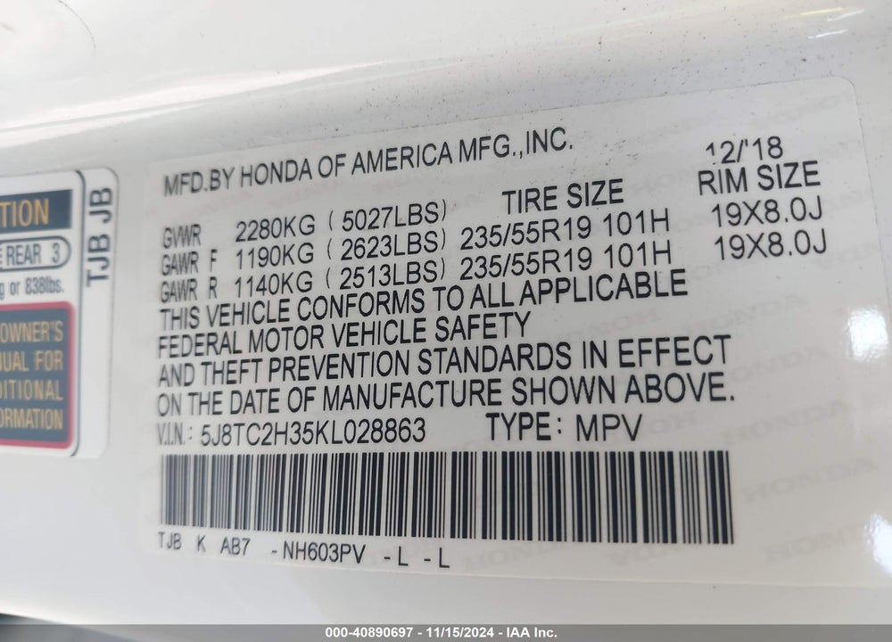 2019 ACURA RDX STANDARD VIN: 5J8TC2H35KL028863