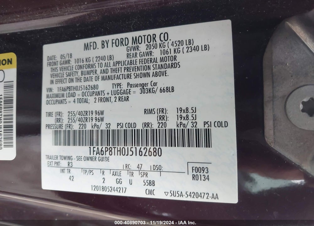 2018 FORD MUSTANG ECOBOOST VIN: 1FA6P8TH0J5162680