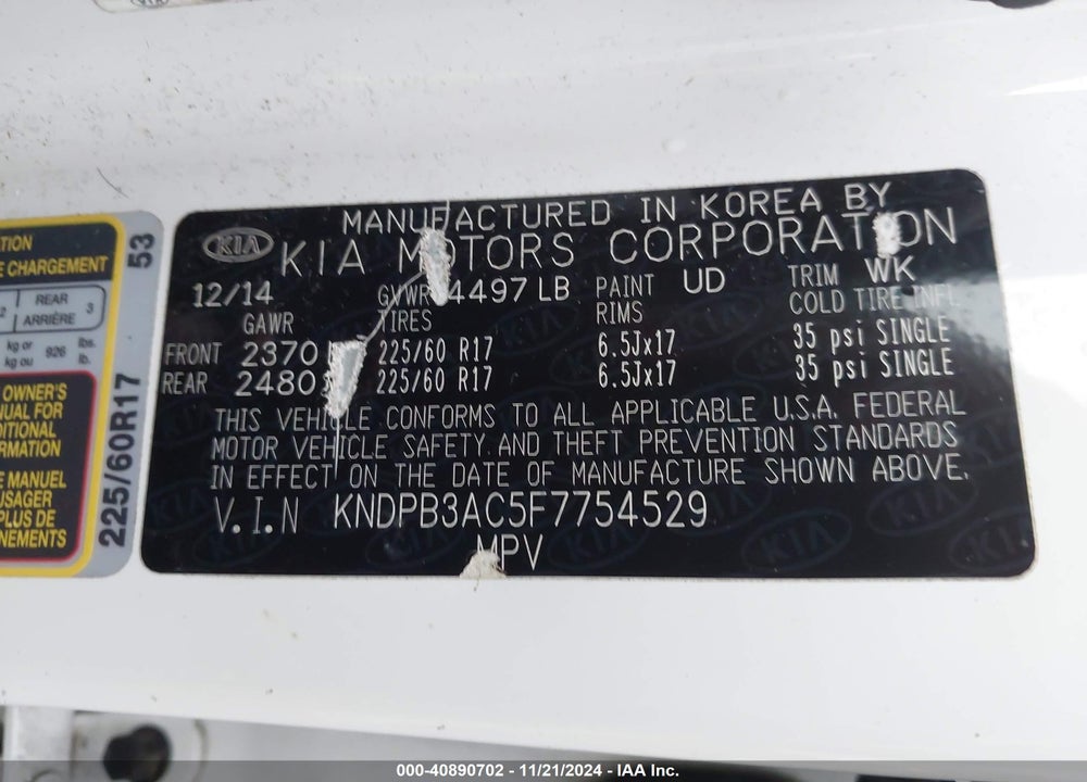 2015 KIA SPORTAGE LX VIN: KNDPB3AC5F7754529