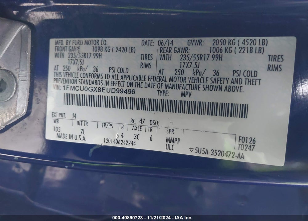 2014 FORD ESCAPE SE VIN: 1FMCU0GX8EUD99496