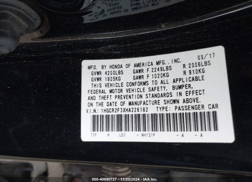 2017 HONDA ACCORD VIN: 1HGCR2F3XHA226182