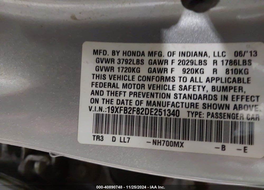 2013 HONDA CIVIC EX VIN: 19XFB2F82DE251340