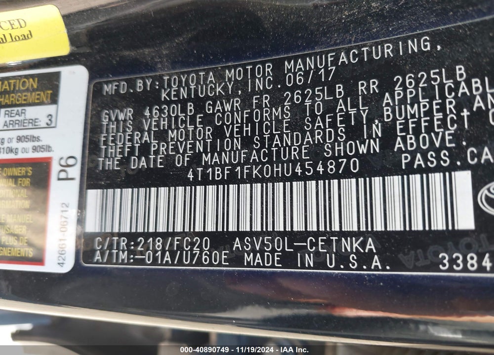 2017 TOYOTA CAMRY LE VIN: 4T1BF1FK0HU454870
