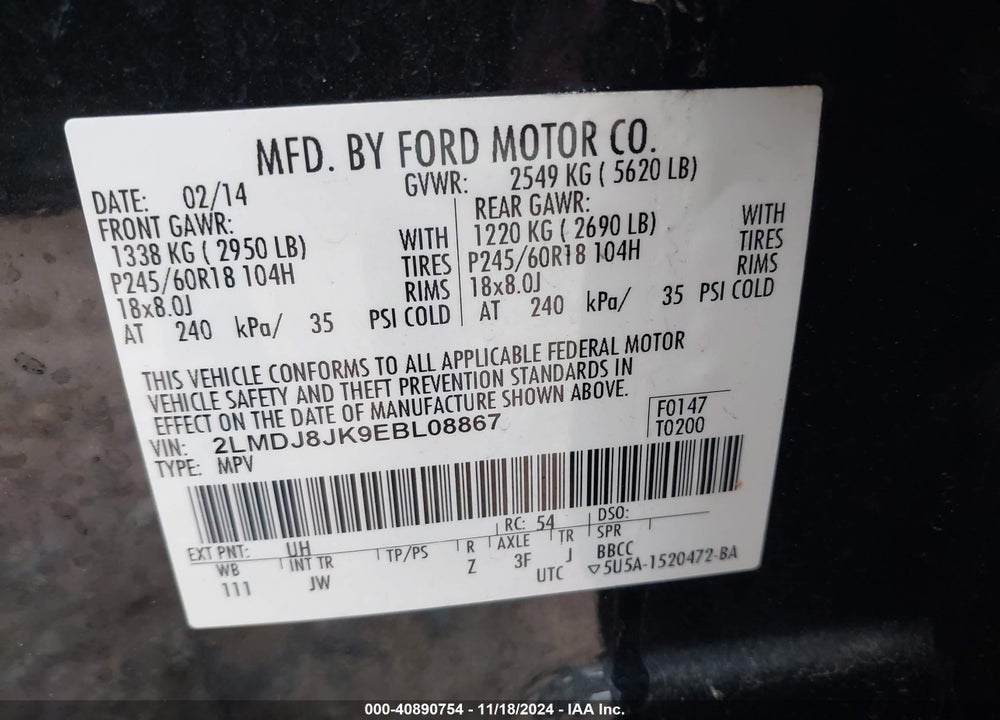 2014 LINCOLN MKX VIN: 2LMDJ8JK9EBL08867