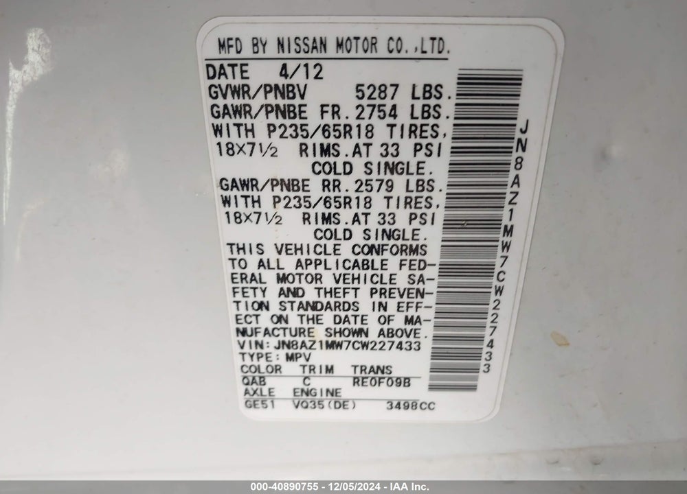 2012 NISSAN MURANO SV VIN: JN8AZ1MW7CW227433