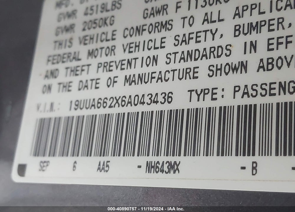 2006 ACURA TL VIN: 19UUA662X6A043436