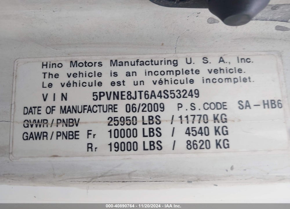 2010 HINO 268 VIN: 5PVNE8JT6A4S53249