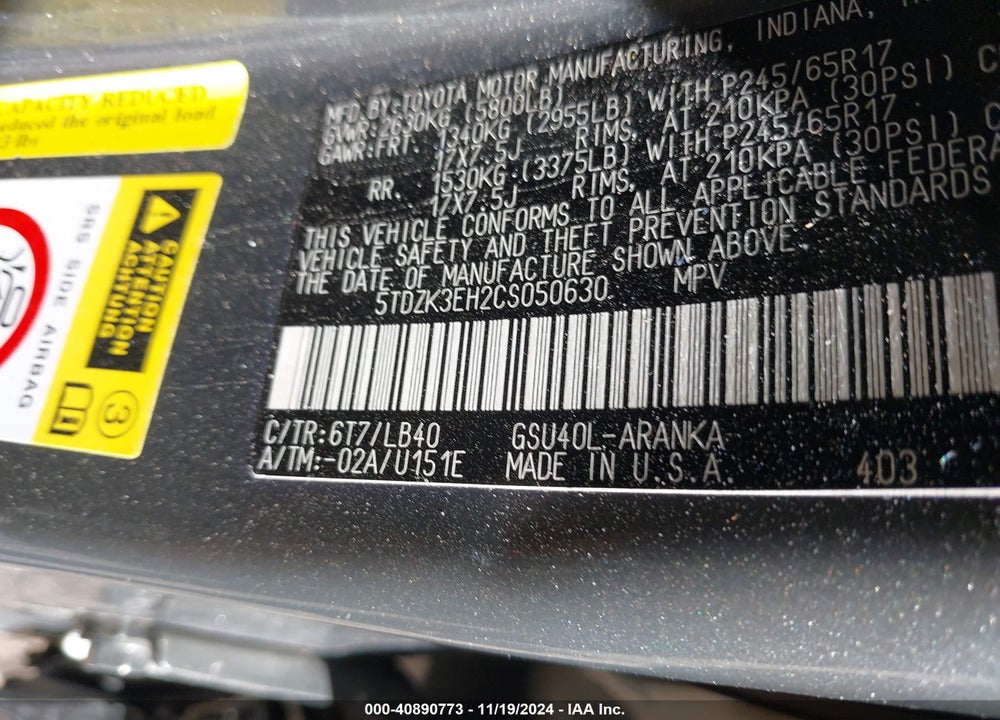 2012 TOYOTA HIGHLANDER SE V6 VIN: 5TDZK3EH2CS050630