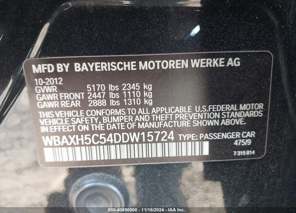2013 BMW 528I XDRIVE VIN: WBAXH5C54DDW15724