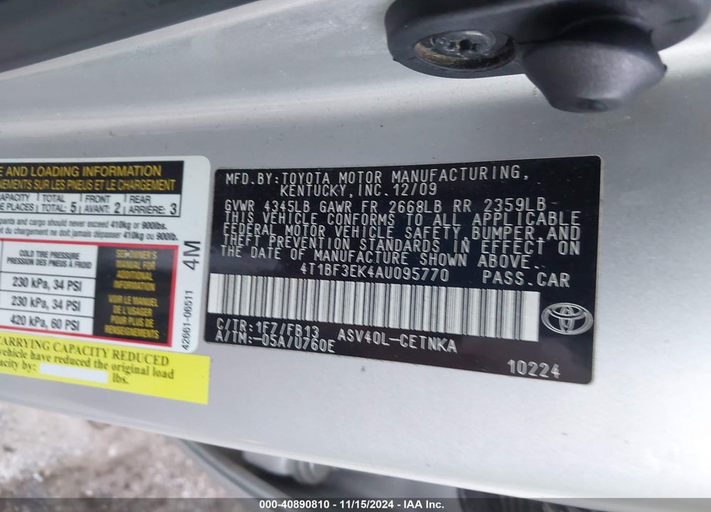 2010 TOYOTA CAMRY VIN: 4T1BF3EK4AU095770