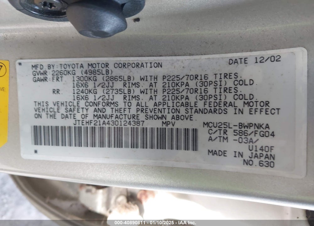 2003 TOYOTA HIGHLANDER V6 VIN: JTEHF21A430124387