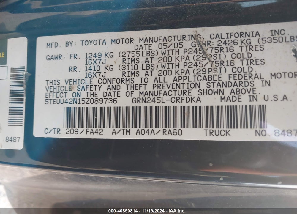 2005 TOYOTA TACOMA BASE V6 VIN: 5TEUU42N15Z089736