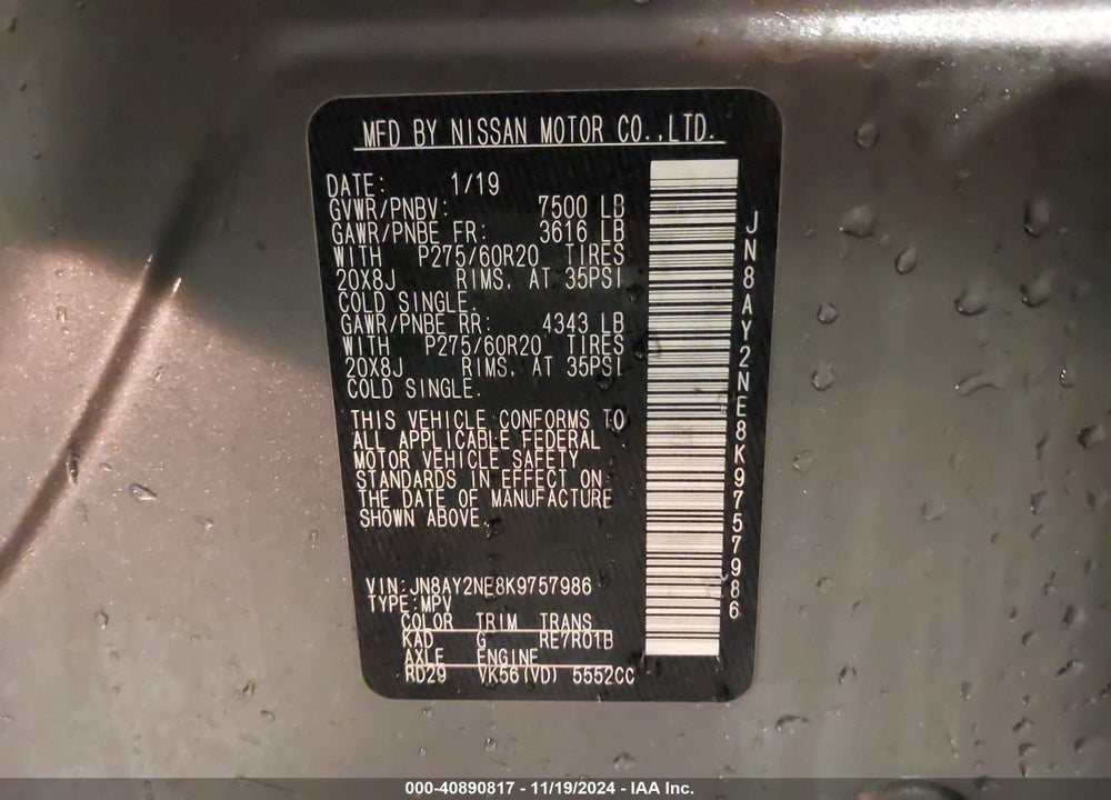 2019 NISSAN ARMADA PLATINUM VIN: JN8AY2NE8K9757986