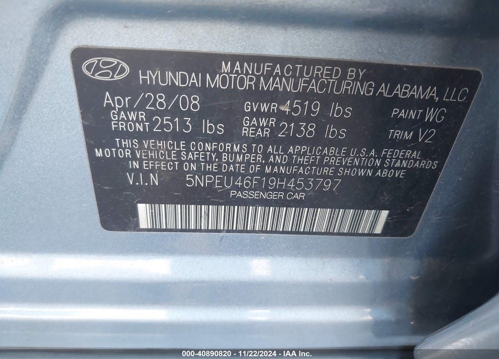 2009 HYUNDAI SONATA LIMITED V6 VIN: 5NPEU46F19H453797