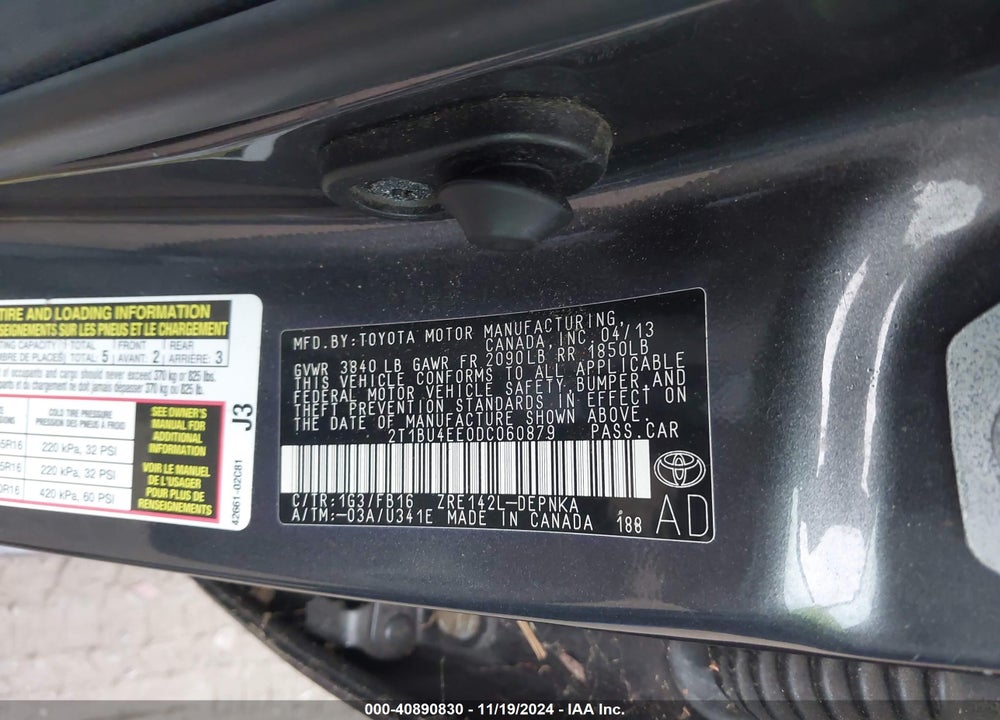 2013 TOYOTA COROLLA LE VIN: 2T1BU4EE0DC060879