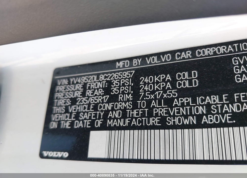2012 VOLVO XC60 3.2/3.2 PLATINUM/3.2 PREMIER/3.2 PREMIER PLUS VIN: YV4952DL8C2265957