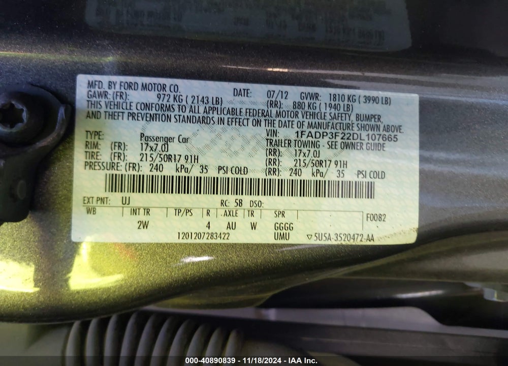 2013 FORD FOCUS SE VIN: 1FADP3F22DL107665