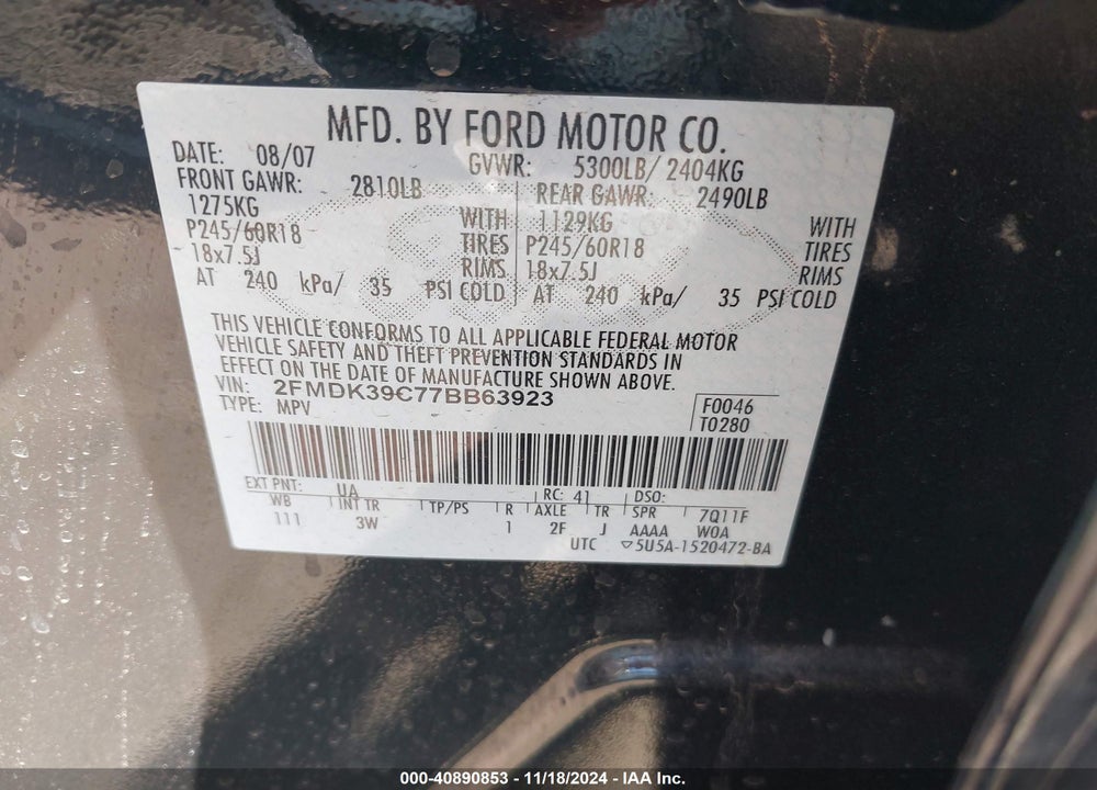 2007 FORD EDGE SEL PLUS VIN: 2FMDK39C77BB63923