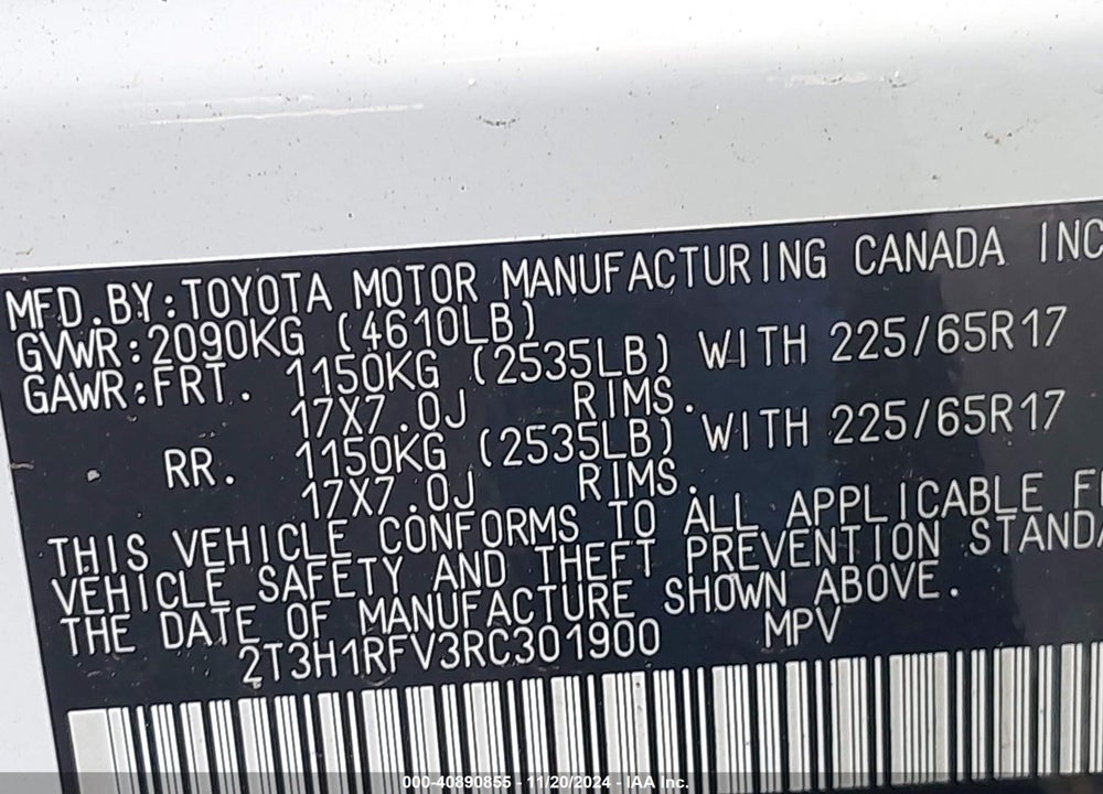 2024 TOYOTA RAV4 LE VIN: 2T3H1RFV3RC301900