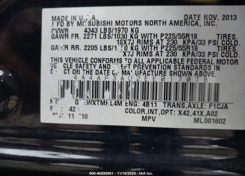 2014 MITSUBISHI OUTLANDER SPORT ES VIN: 4A4AP3AU2EE017078
