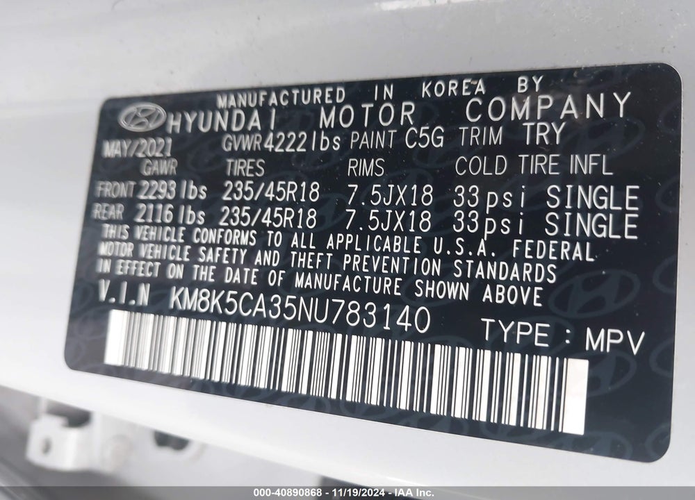 2022 HYUNDAI KONA LIMITED VIN: KM8K5CA35NU783140