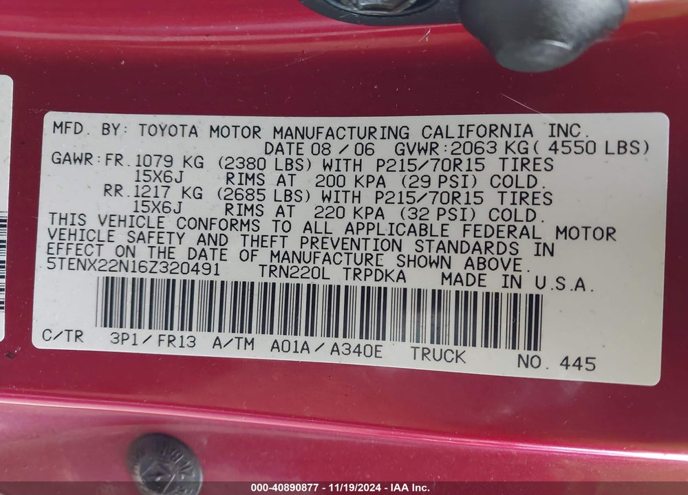 2006 TOYOTA TACOMA VIN: 5TENX22N16Z320491