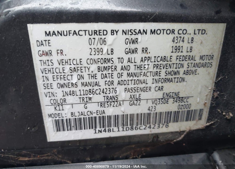 2006 NISSAN ALTIMA VIN: 1N4BL11D86C242376